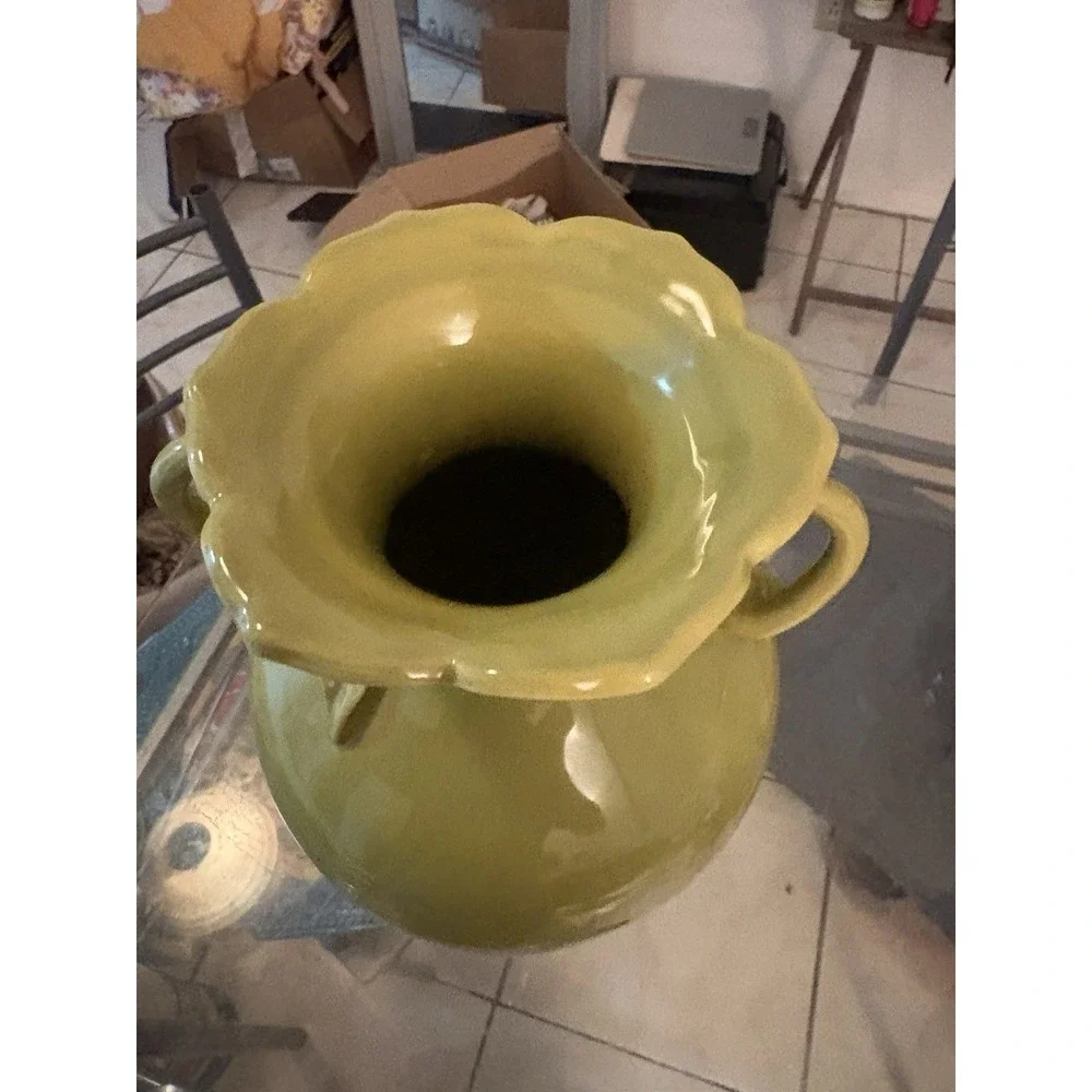 VTG Avocado Chartreuse Green Ceramic Urn Vase Double Handle Scalloped Rim 16